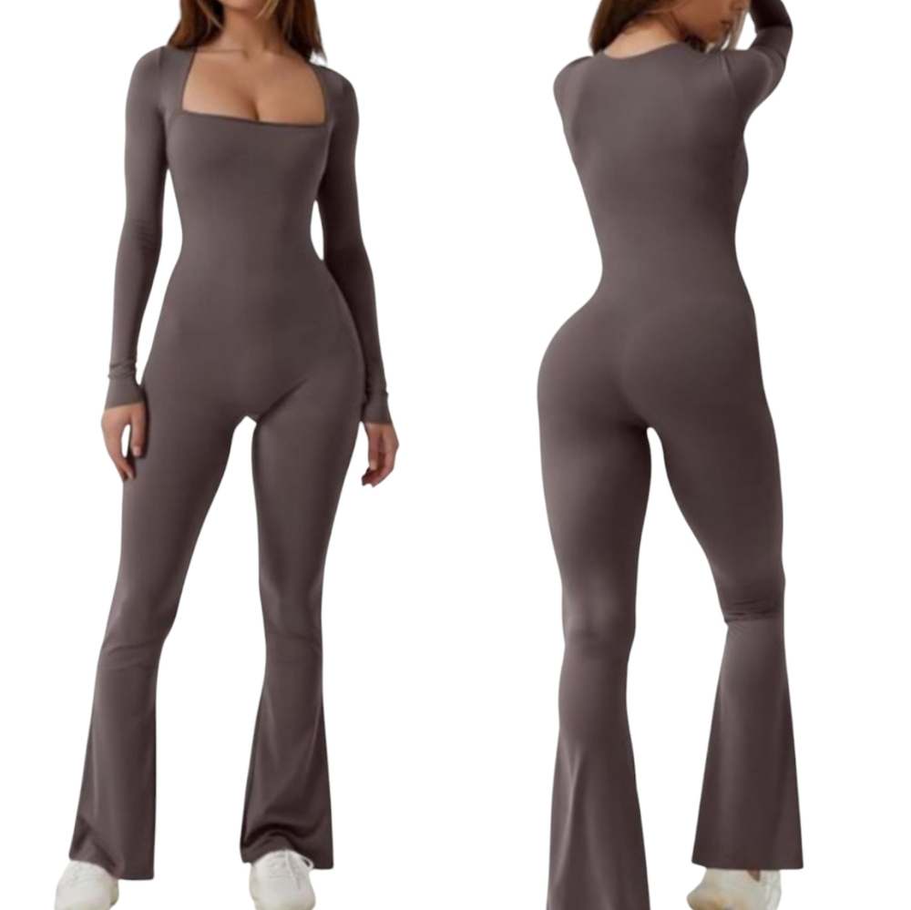 Qinsen Women's Bodycon Jumpsuit Medium Gray Long Sleeve Square Neck Flare Leg